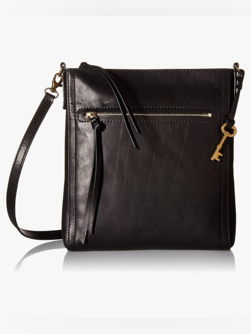 Fossil Black Leather Emma Crossbody with Gold Key Charm